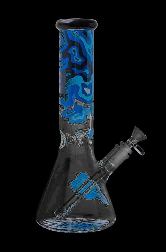 Front view of the Famous Design-Fabric Water Pipe, a tall glass piece with patterned blue and white swirls.