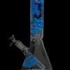 Front view of the Famous Design-Fabric Water Pipe, a black glass piece with vibrant blue fabric-like patterns.