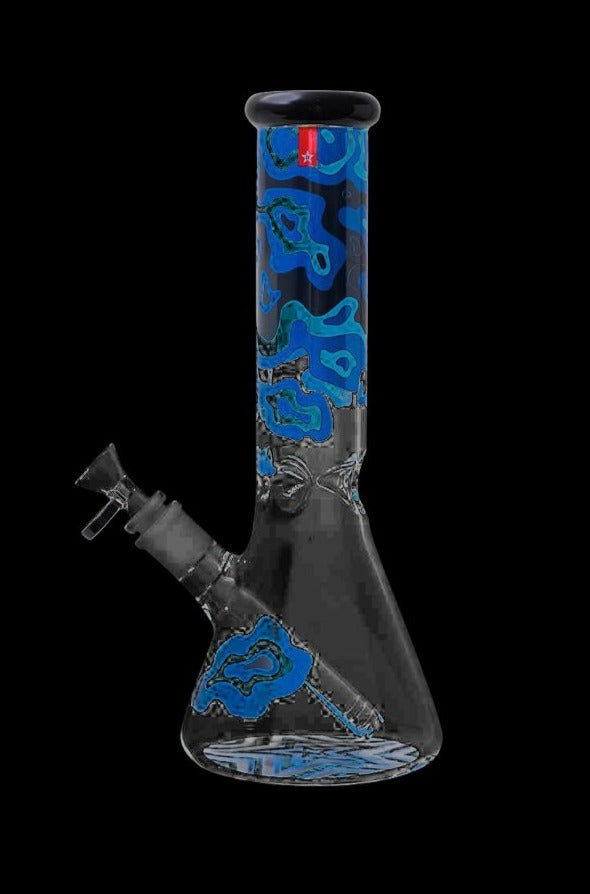 Front view of the Famous Design-Fabric Water Pipe, a black glass piece with vibrant blue fabric-like patterns.