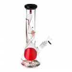 Front view of the Famous Design "GOA" Beaker Bong, a clear glass bong with a patterned base and simple, curved neck.