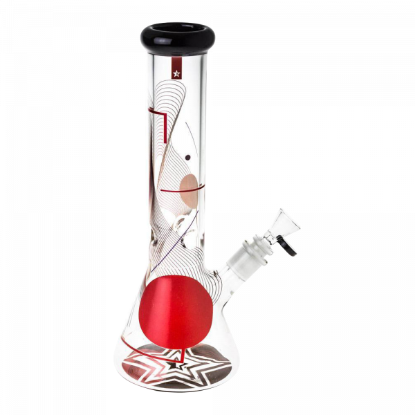 Front view of the Famous Design "GOA" Beaker Bong, a clear glass bong with a patterned base and simple, curved neck.