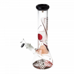 Front view of the Famous Design "GOA" Beaker Bong, showcasing a clear glass body with colorful swirling patterns and a wide base.