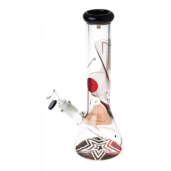 Front view of the Famous Design "GOA" Beaker Bong, showcasing a clear glass body with colorful swirling patterns and a wide base.