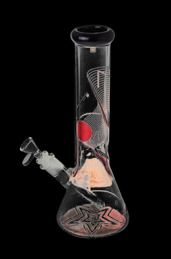 Front view of the Famous Design "GOA" Beaker Bong, a clear glass piece with patterned details against a black background.