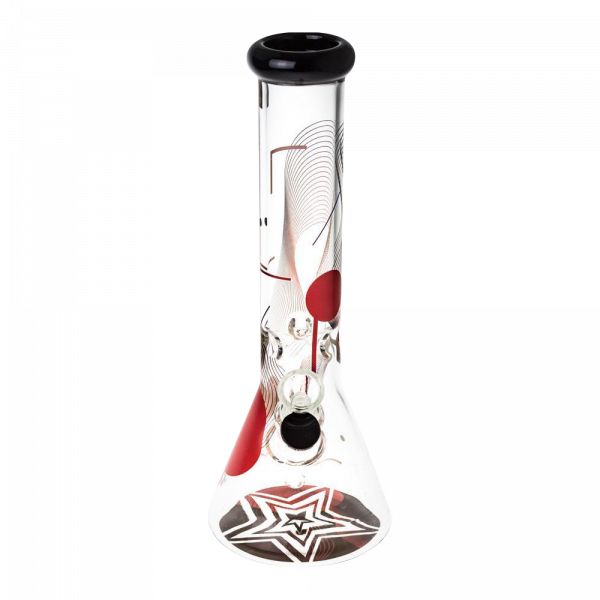 Front view of the Famous Design "GOA" Beaker Bong, a clear glass piece with a wide base and curved neck.
