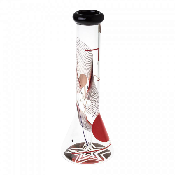 Front view of the Famous Design "GOA" Beaker Bong, showcasing its clear glass construction and patterned design against a neutral background.