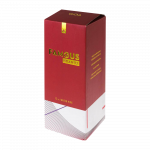 A front view of the Famous Design "GOA" Beaker Bong, with text branding displayed on the transparent glass.