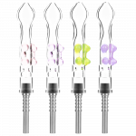 A close-up, angled view of the Flat Pinch Dab Collector with Titanium Tip, showcasing its clear glass construction and slender form.