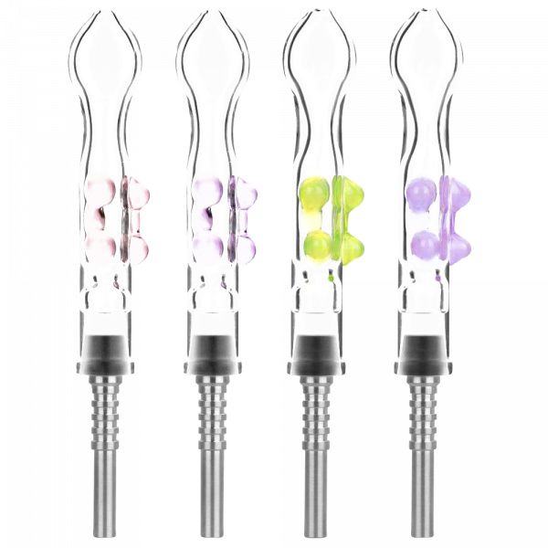 A close-up, angled view of the Flat Pinch Dab Collector with Titanium Tip, showcasing its clear glass construction and slender form.