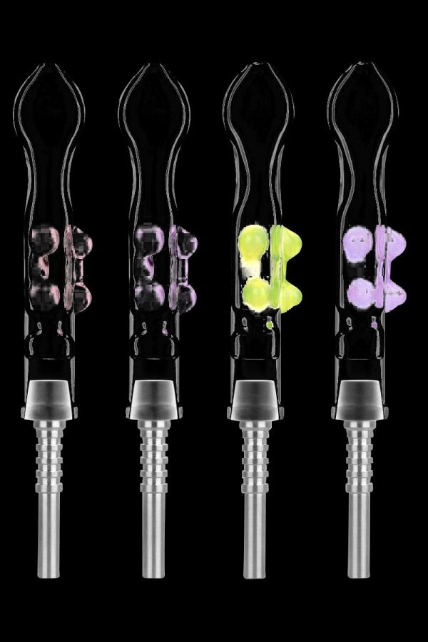 Front view of the Flat Pinch Dab Collector with Titanium Tip, showcasing the clear glass design and metallic tip against a black background.