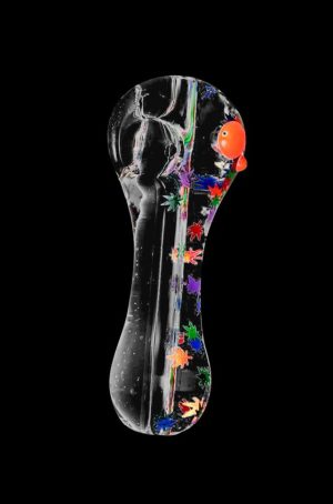 A front view of the Freezable Glycerin Leaf Glitter Spoon Pipe, showing its translucent body with colorful glitter accents.