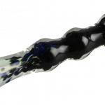A close-up, angled view of the Fritted Fumed Taster Glass Chillum, showing its dark glass and smooth, tapered form.
