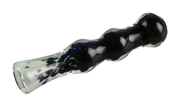 A close-up, angled view of the Fritted Fumed Taster Glass Chillum, showing its dark glass and smooth, tapered form.