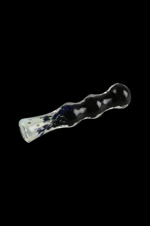 A close-up, angled view of the Fritted Fumed Taster Glass Chillum, showcasing its smoky, textured glass finish.