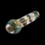 The Fritted Glass Spoon Pipe is shown in a side view, featuring colorful speckled glass and a curved bowl.