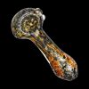 A side view of the Fritted Squiggle Spoon Glass Pipe, showcasing its colorful, speckled glass design.