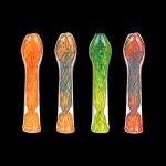 Front view of the Fritted Swirl Flat Mouth Glass Chillum, showcasing its colorful, swirled glass design against a dark background.