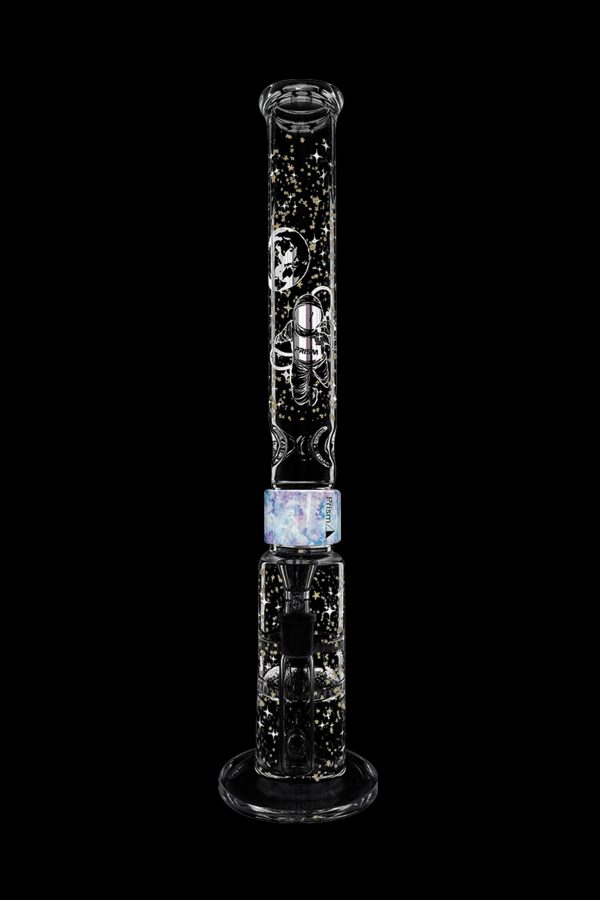 A glass bong with intricate scorpion and floral designs, illuminated with internal lighting, against a black background.
