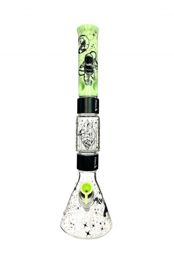 A glass water pipe (bong) with a space-themed design, featuring an astronaut and stars, against a white background.