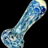 A close-up, angled view of the Fumed Bubble Weave Glass Hand Pipe, showcasing its textured glass and smoky fumed finish.