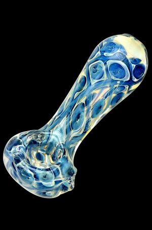 A close-up, angled view of the Fumed Bubble Weave Glass Hand Pipe, showcasing its textured glass and smoky fumed finish.