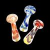 A detailed side view of the Fumed Jumbo Swirl Spoon Pipe, showcasing the swirling blue and clear glass design.
