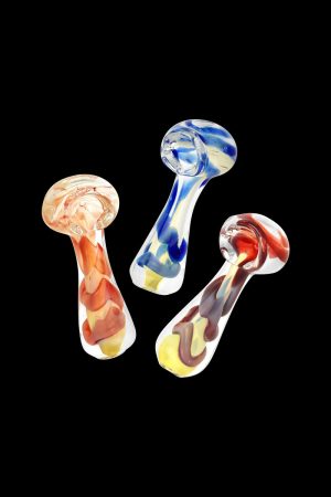 A detailed side view of the Fumed Jumbo Swirl Spoon Pipe, showcasing the swirling blue and clear glass design.