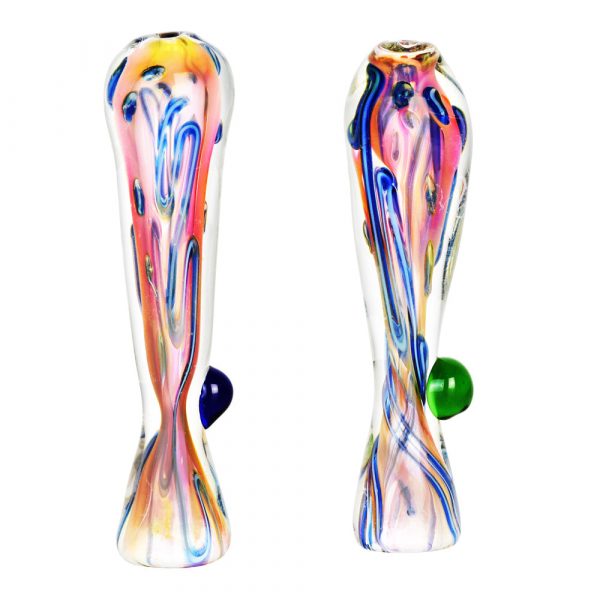 Colorful glass bubbler pipes with rounded bases and decorative swirls.