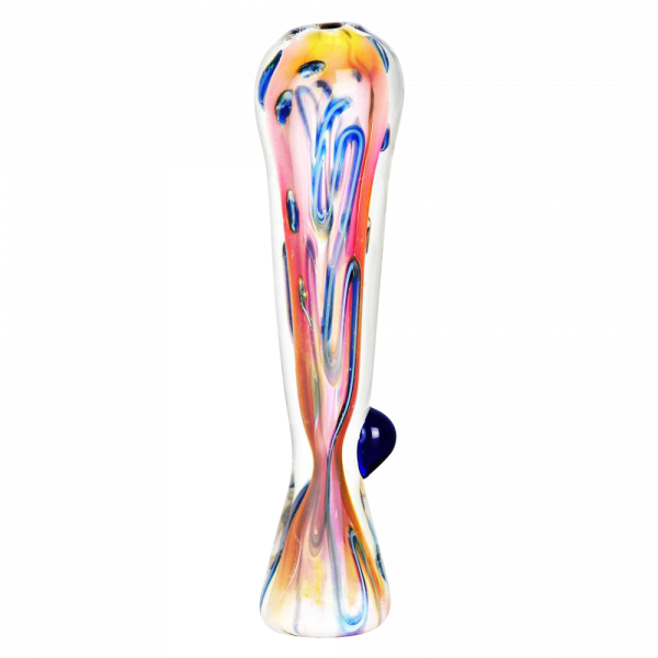 A front view of the Fumed Tropical Sunset Glass Taster, showcasing its colorful, fumed glass design.