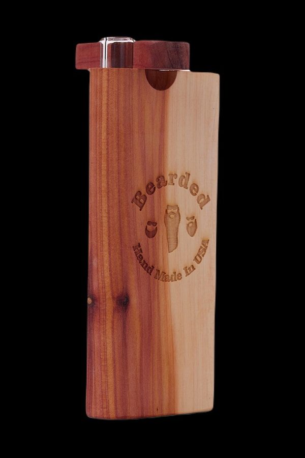 Wooden stash box with "Bearded Hand Made in USA" engraving.