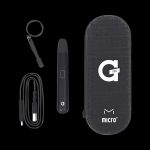 A product shot of the G Pen Micro+ Concentrate Vaporizer and USB charging cable against a dark background.