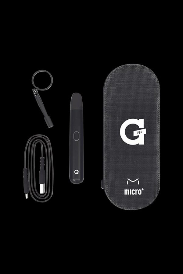 A product shot of the G Pen Micro+ Concentrate Vaporizer and USB charging cable against a dark background.