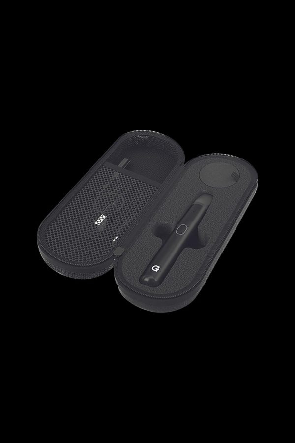 Close-up view of the G Pen Micro+ Concentrate Vaporizer inside its black, zipped carrying case.