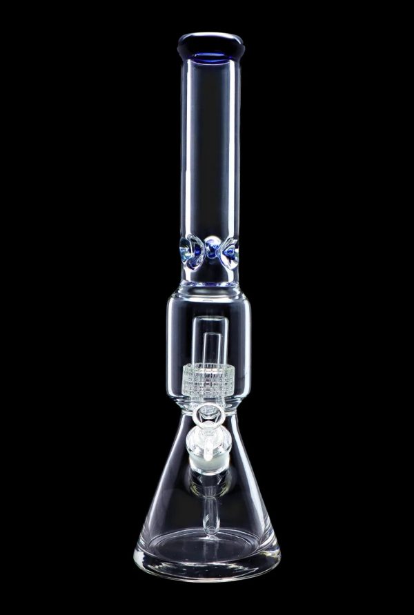 Clear glass water pipe (bong) with intricate percolator and blue accents, isolated on a black background.