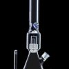 Clear glass bong with ice catcher and diffuser downstem, accompanied by a separate glass bowl and downstem, against a black background.