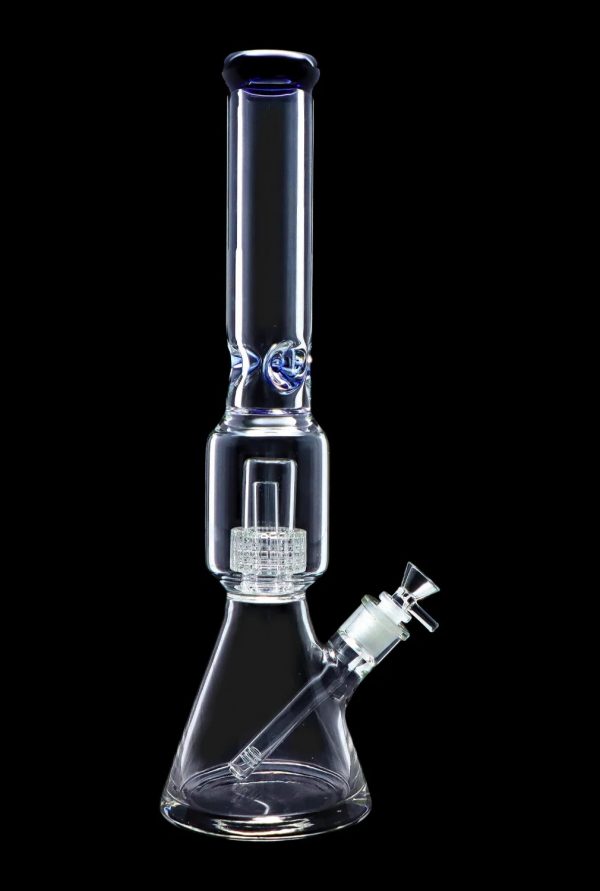 Clear glass bong with intricate percolator filtration system, isolated on a black background.