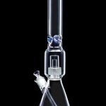 Clear glass water pipe (bong) with intricate percolator and blue accents, against a black background.