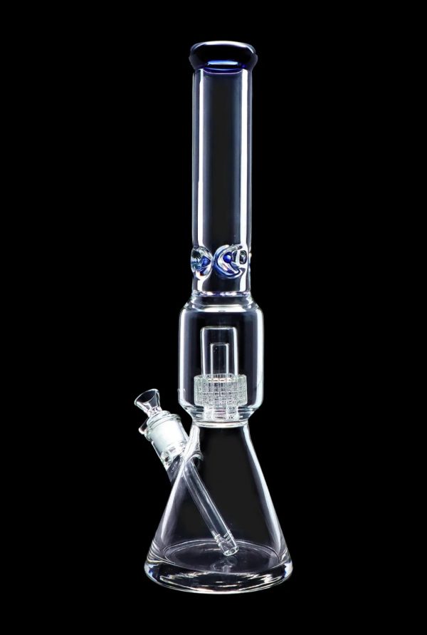 Clear glass water pipe (bong) with intricate percolator and blue accents, against a black background.