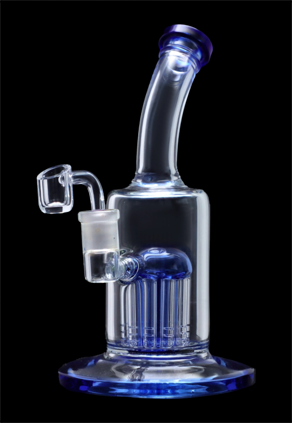 Blue glass water pipe (bong) with multiple diffusion arms.