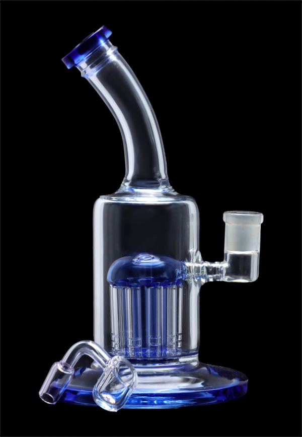 Blue glass water pipe (bong) with diffuser and accessories on black background.