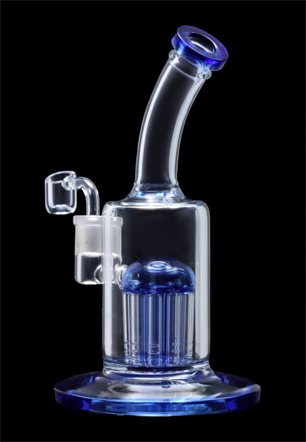 Blue glass water pipe (bubbler) with multiple diffusion stems.