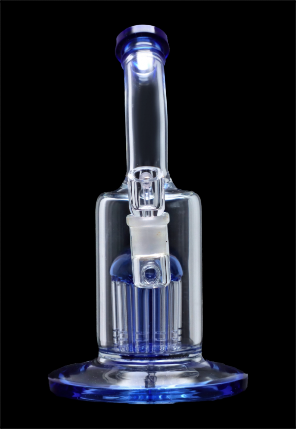 Blue glass water pipe (bong) with multiple diffusion stacks.