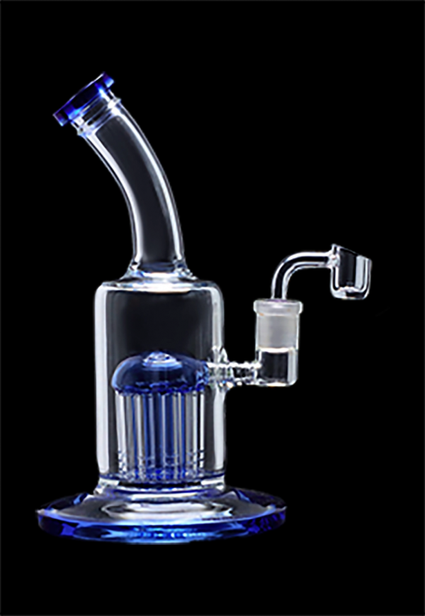 Blue glass water pipe with quartz banger.