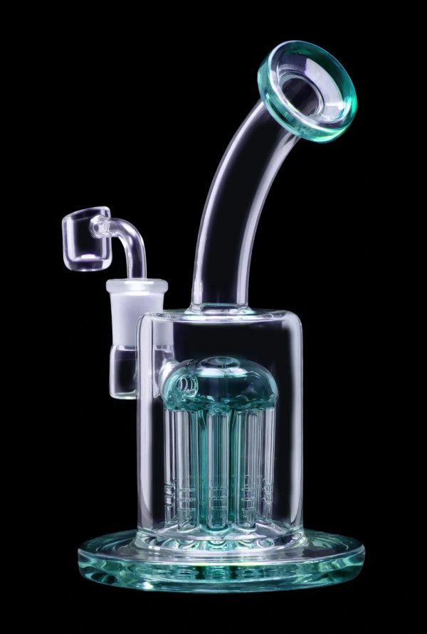 A glass water pipe, also known as a rig or bong, with a turquoise-colored percolator and curved mouthpiece, isolated on a black background.