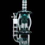 A studio shot of the 13.5-inch Smoke Cartel Straight Tube with Dual Octopus Perc, showing its clear glass construction and intricate perc design.