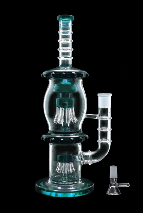 A studio shot of the 13.5-inch Smoke Cartel Straight Tube with Dual Octopus Perc, showcasing the clear glass and intricate percolator design.