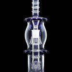 Blue glass water pipe (rig) with intricate percolators, isolated on a black background.