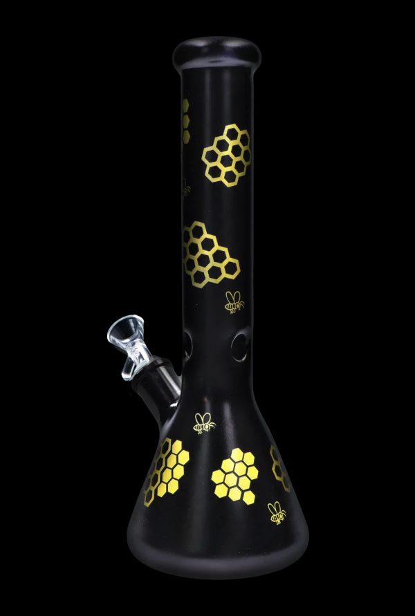 Black glass bong with gold honeycomb and bee designs.