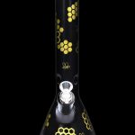 Black glass bong with gold honeycomb and bee designs.