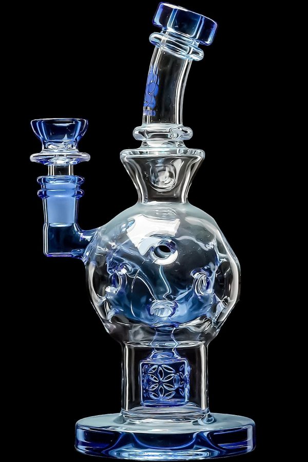 Blue glass water pipe with intricate bubble and floral designs.